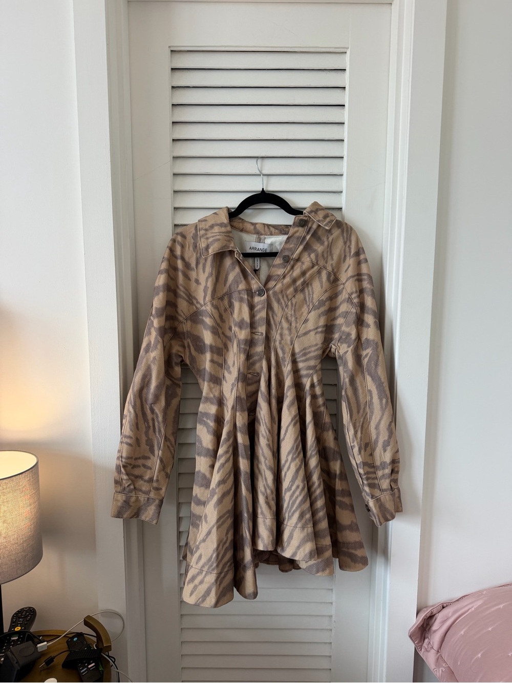 Arrange Denim Zebra-Print Beige Button-Front Mini Dress